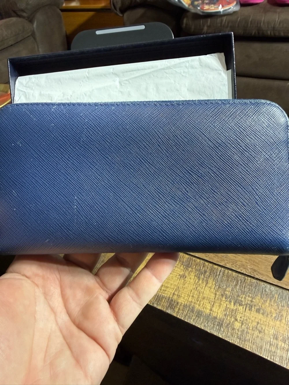 Prada Blue Saffiano Leather Zip Wallet with Gold Logo - Picture 6 of 16